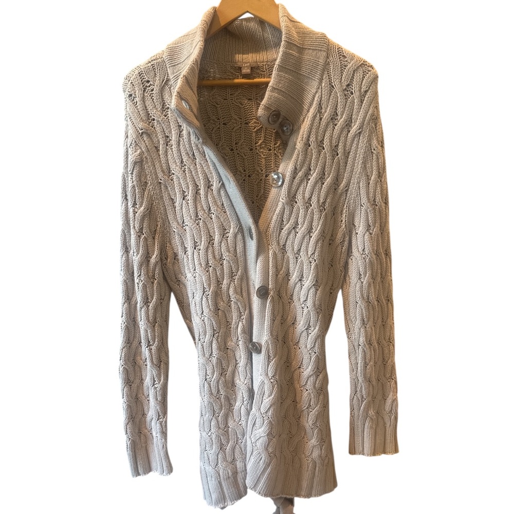 J Jill Cream‎ Long Button Down Cable Knit Sweater Tie Waist X-Large Comfort
